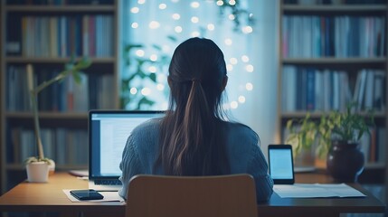 Poster - Rear view of high school girl using laptop for doing homework browsing Internet searching for required information sitting at desk with mobile phone with copy space screen lying next t : Generative AI