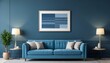 Interior mockup In a white room a blue sofa is placed next to a photo frame on the wall