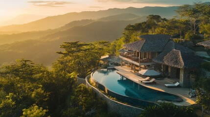 Sticker - Luxury Villa with Infinity Pool and Mountain View at Sunset