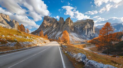 Wall Mural - Road in mountains at sunny day in golden autumn Dolomites Italy Beautiful roadway orange tress high rocks blue sky with clouds Landscape with empty highway through the mountain pass in : Generative AI