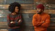 © The Little Hut - Young black indignant male gesticulating arguing with his dark skinned girlfriend who is standing against wooden wall with crossed arms looking away with deeply offended expression on  : Generative AI