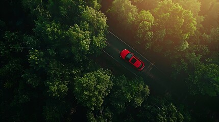 Wall Mural - Aerial view of green forest and red car on the road Birds eye Travel concept : Generative AI