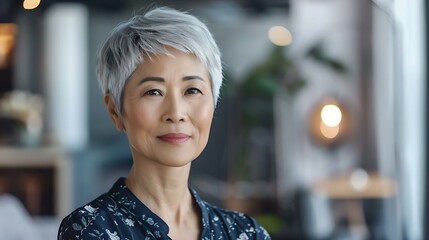 A confident woman with short gray hair, smiling warmly in a modern indoor setting.