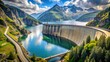 © Sirinporn - Majestic arch-gravity dam spanning a serene lake, its gentle curve and powerhouse a testament to modern engineering, set against a stunning natural backdrop.