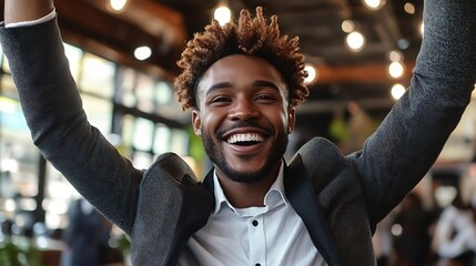 Wall Mural - Achievement success concept Cheerful Afro American male raising his hands up having eyes full of happiness rejoicing his great achievements Attractive black male with curly hair dresse : Generative AI