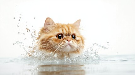 Wall Mural - High-resolution image of a happy Persian cat emerging from the water, isolated on a stark white background with no people