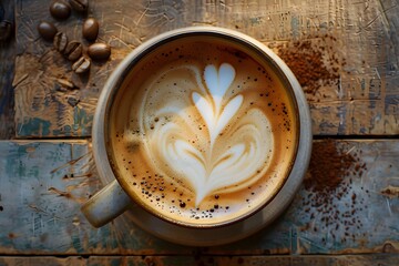 Poster - Coffee Latte Art on Rustic Wooden Surface