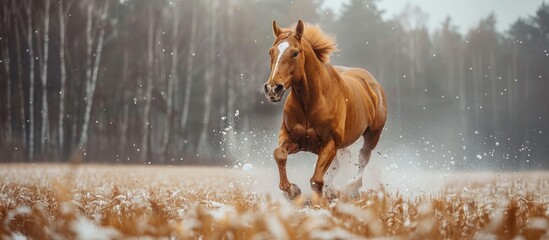 Wall Mural - Horse Running Through a Snowy Meadow