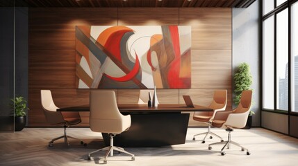 Stylish office boardroom with a wooden table and abstract artwork on the wall