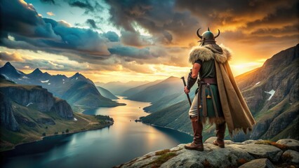 Majestic Viking warrior stands proudly on a rocky cliff, horned helmet and furry cape flowing in the wind, overlooking a serene Nordic fjord landscape.