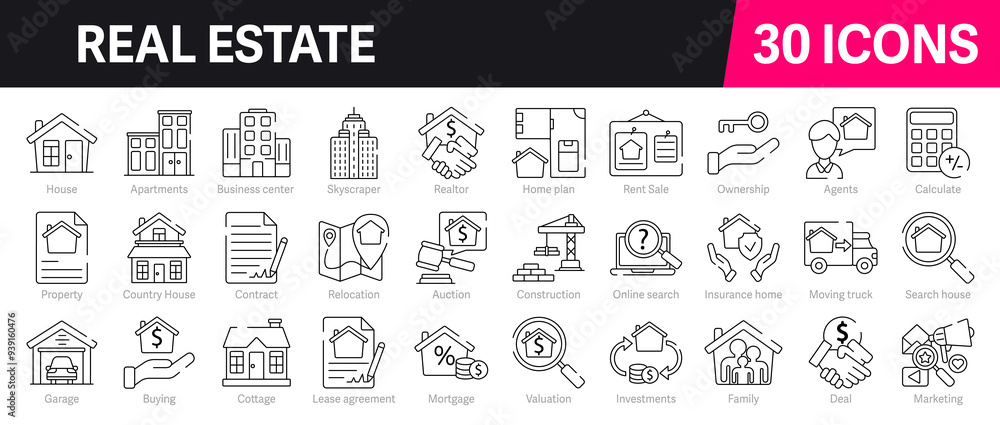 Real Estate Outline Vector Icon Collection. A set of outline icons ...