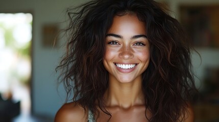 Wall Mural - Indoor portrait of beautiful brunette young darkskinned woman with shaggy hairstyle smiling cheerfully showing her white teeth to camera while feeling happy and carefree on her first d : Generative AI