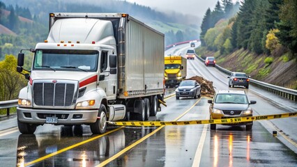 Mangled wreckage of a jackknifed semi-truck lies sprawled across multiple lanes of a rainy highway, surrounded by caution tape and emergency response vehicles.