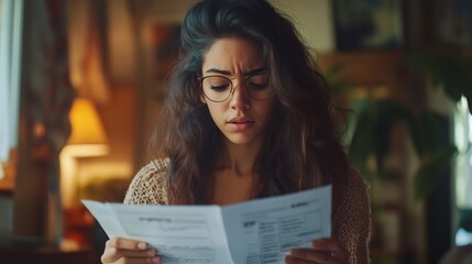 Indoor shot of casually dressed young woman holding papers in her hands calculating family budget trying to save some money to buy new bicycle to her son having stressed and concentrat : Generative AI