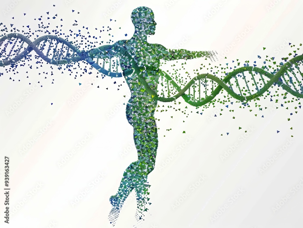 A human figure formed from DNA strands, with a green and blue color ...