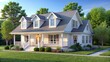 © Sirinporn - Modern 3D rendered image of a cozy white house with a sloping roof, large windows, and a welcoming front porch, isolated on a white background.