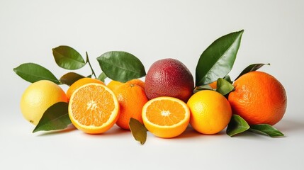 Poster - A bright and healthy arrangement of fruits with leaves on a white background, showcasing natural beauty and freshness