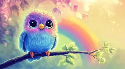 A cheerful cartoon bird with big eyes and fluffy feathers, perched on a branch with a bright rainbow in the background