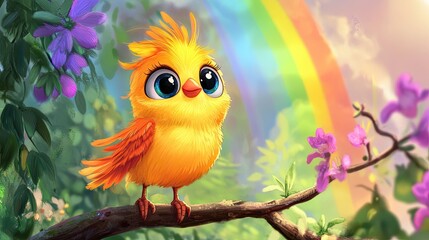 A cheerful cartoon bird with big eyes and fluffy feathers, perched on a branch with a bright rainbow in the background