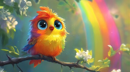 a cheerful cartoon bird with big eyes and fluffy feathers, perched on a branch with a bright rainbow
