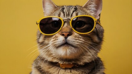 A cat wearing sunglasses and a yellow collar