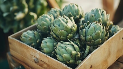 Wall Mural - A close-up of a box full of artichokes, emphasizing their texture and color, perfect for a rustic, farm-to-table theme