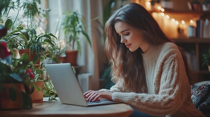 People lifestyle modern technology and communication concept Young Caucasian female writer keyboarding on laptop while working on her new article for online womens magazine View form b : Generative AI