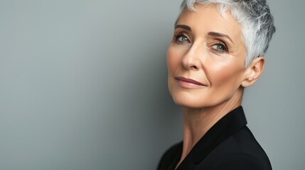 Poster - A poised woman with short gray hair, wearing a black outfit, gazes confidently at the camera against a gray background.