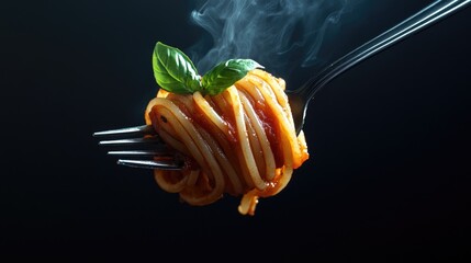 Canvas Print - A closeup shot of Italian spaghetti pasta twirled on a fork, topped with rich tomato sauce and a fresh basil leaf.