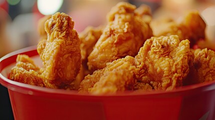 Sticker - A close-up of crispy fried chicken pieces in a large red bucket, highlighting the golden texture and juicy appeal.