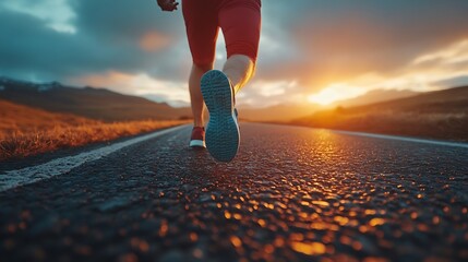 Wall Mural - Running sport Man runner legs and shoes in action on road outdoors at sunset Male athlete model : Generative AI