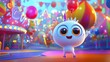 © KYR - A cute, round cartoon creature with big eyes and tiny arms, holding a balloon in a colorful carnival setting