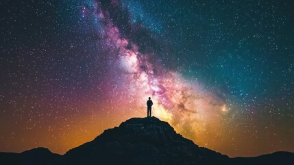 A lone figure stands atop a mountain silhouetted against a vibrant night sky filled with stars and the Milky Way.