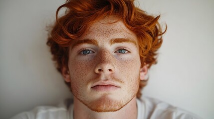 Wall Mural - Headshot of red haired serious young male blogger looks confidently at camera thinks about new content of his web page dressed casually earns money distantly isolated over white backgr : Generative AI