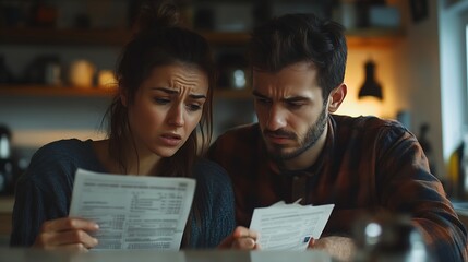 Young couple calculating their domestic budget together in kitchen trying to save money for buying new car having stressed and frustrated looks Unhappy woman showing unpaid bill to her : Generative AI