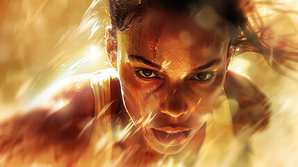 Wall Mural - A close-up capture of a woman sprinting, frontal view, intense gaze, athletic build highlighted by dramatic lighting