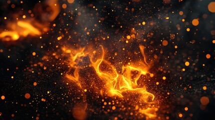 Wall Mural - 3D illustration of flame particles on black background. Sparks background. Abstract dark sparkling fire particles.