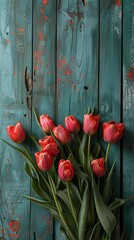 Tulip bouquet on rustic green wood with empty space