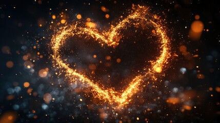 Wall Mural - heart shaped flame particles on black background. Sparkle background. Abstract dark sparkling fire particles.