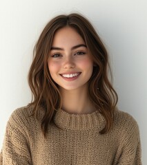 Wall Mural - Portrait of a beautiful young woman with brown hair, smiling and looking at the camera