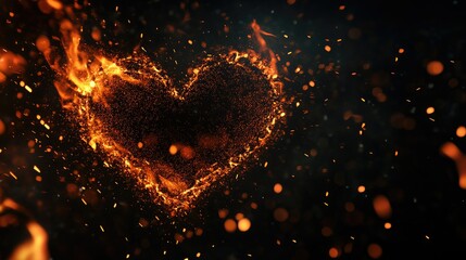 Sticker - heart shaped flame particles on black background. Sparkle background. Abstract dark sparkling fire particles.