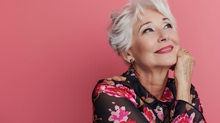 A stylish older woman with short white hair poses thoughtfully against a pink background, exuding confidence.