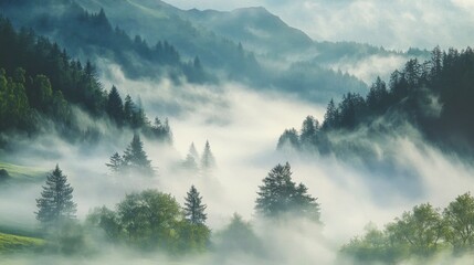 Sticker - Misty Forest Landscape with Tall Trees and Rolling Hills