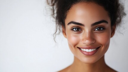 Portrait of cheerful beautiful woman with trendy hairdo having dark charming eyes and engaging smile posing in studio over white background People happiness emotions and lifestyle conc : Generative AI