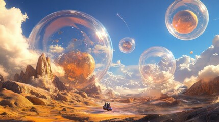 Sticker - A Desert Landscape with Giant Transparent Spheres and a Pair of Figures Riding a Sphere