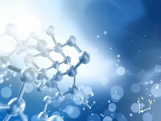 abstract blue background with a 3d silver molecular structure, blurry bokeh lights, and a bright whi