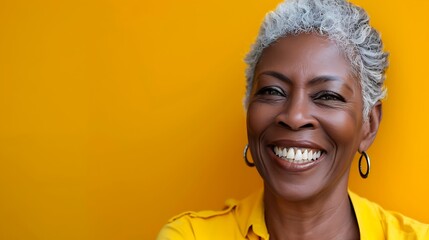 A smiling older woman with short gray hair against a bright yellow background.