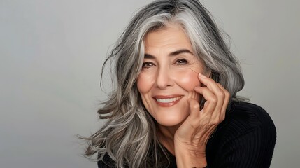 Sticker - A woman with gray hair is smiling and looking at the camera