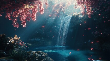 Poster - Waterfall cascading into a pool surrounded by lush greenery and pink petals