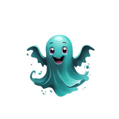 A friendly and cute blue ghost with big, expressive eyes is centered